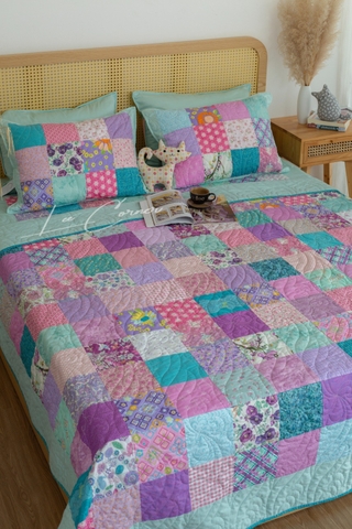 Chăn gối ghép vuông, xanh tím nhạt, chần máy, size 2x2,2m