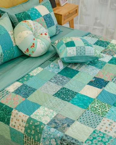 Bộ chăn gối ghép vuông xanh mint, chần máy 2mx2m2- chần dính