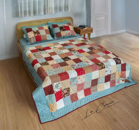 Bộ chăn ghép vải phức tạp hình vuông tone màu đỏ nâu be, chần máy, 2x2,2m