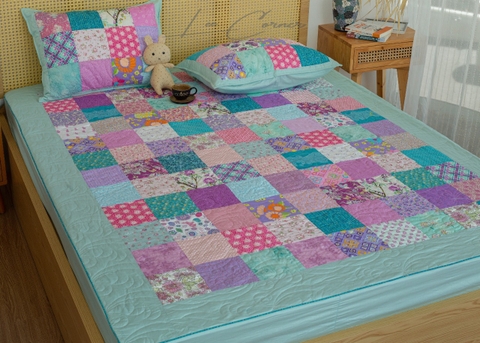 Ga gối ghép vuông, chần máy, xanh tím nhạt, ga size 1,8x2m