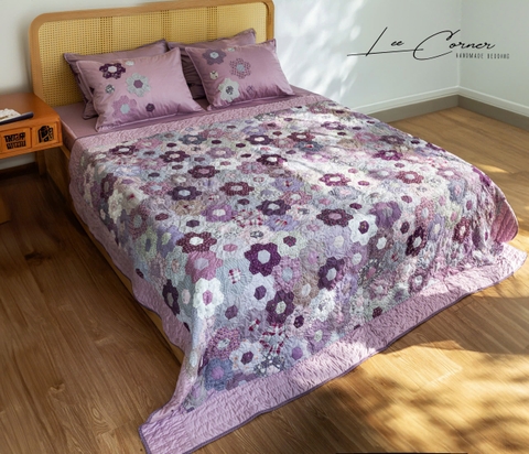Bộ chăn ghép vải lục giác cạnh 3cm, tím tro, chần tay, size 2x2,2