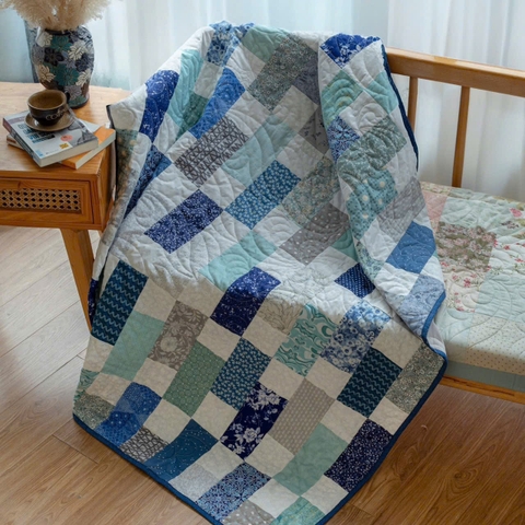 Chăn ghép vải đơn, chần máy, màu xanh than mint,1.2x1.5m