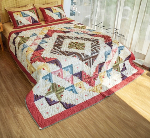 Bộ chăn ghép vải logcabin nâu trắng, chần máy, 2x2m2