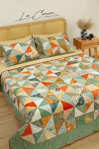 Bộ chăn ghép vải phức tạp tone màu vàng cam, chần máy size 2mx2m2