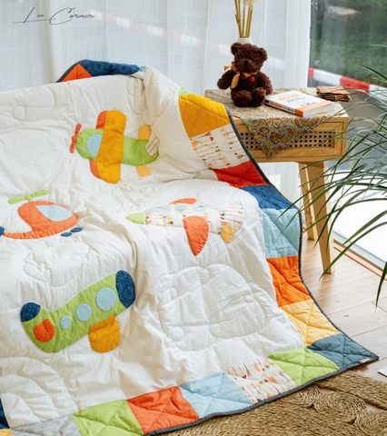 Chăn ghép vải cho em bé, may áp vải hình máy bay, 1.5x1.2m
