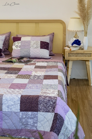 Bộ chăn gối ghép vuông ghi tím, chần tay, 2x2m2