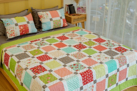 Bộ chăn ghép vải phức tạp màu xanh bơ, chần máy kích thước 2mx2m2