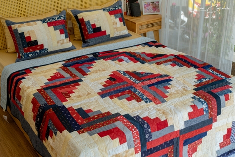 Bộ chăn ghép vải logcabin màu đỏ be, chần tay kích thước 2x2m2