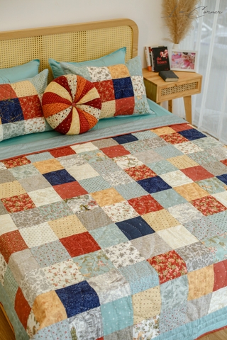 Chăn ghép vải phức tạp hình vuông màu be nâu chần máy size 2mx2m2