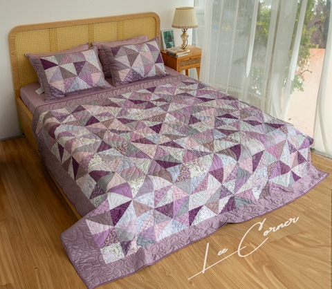 Bộ chăn ghép vải tam giác, chần máy, tím, 2x2,2m