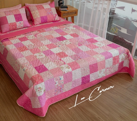 Bộ chăn gối ghép vuông, hồng trắng, chần máy, size 2x2,2m