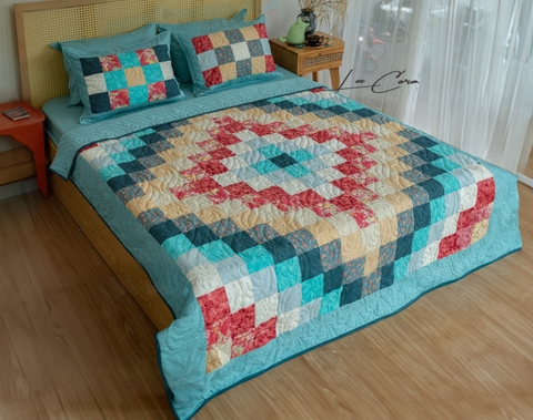 Bộ chăn gối ghép đối xứng, xanh đỏ, chần máy, size 2x2,2m