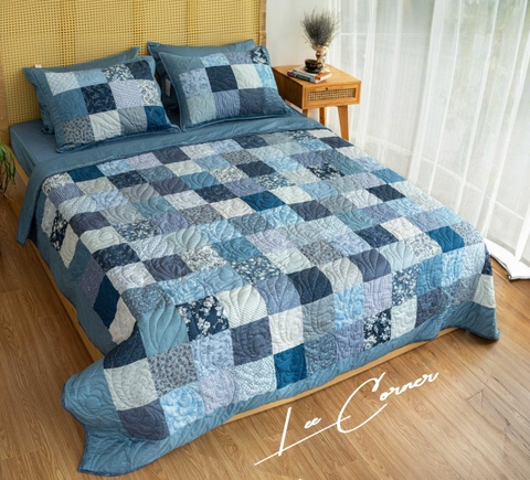 Bộ chăn gối ghép vuông, xanh biển, chần máy, size 2x2,2m