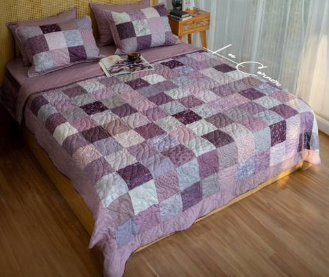 Bộ chăn gối ghép vuông ghi tím, chần máy, 2.2x2m- chần dính