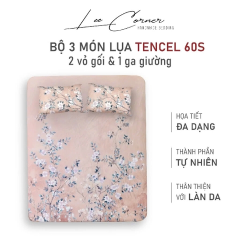 Bộ 3 món ga gối lụa Tencel 60S cao cấp LEE CORNER, gồm 2 vỏ gối 50x70 và 1 ga giường size 1m6 1m8 2m2 (may theo yêu cầu)