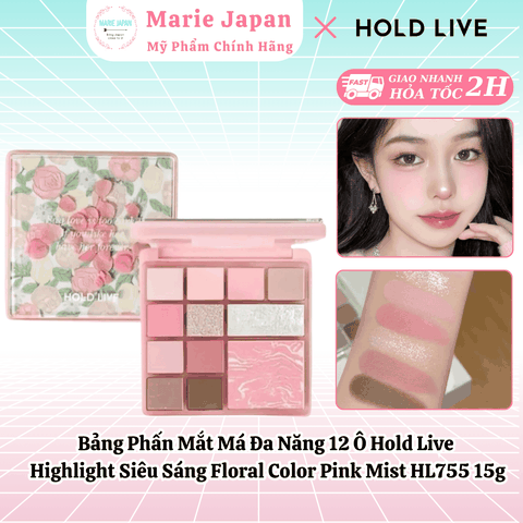 Bảng Phấn Mắt Má Đa Năng 12 Ô Hold Live  Highlight Siêu Sáng Floral Color Pink Mist HL755 15g