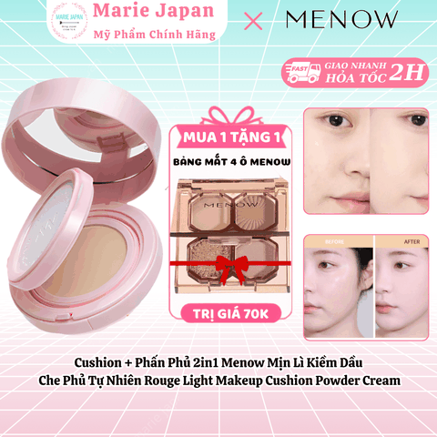 [MUA 1 TẶNG 1] Cushion + Phấn Phủ 2in1 Menow Mịn Lì Che Phủ Rouge Light Makeup Cushion Powder Cream TẶNG BẢNG PHẤN 4 Ô