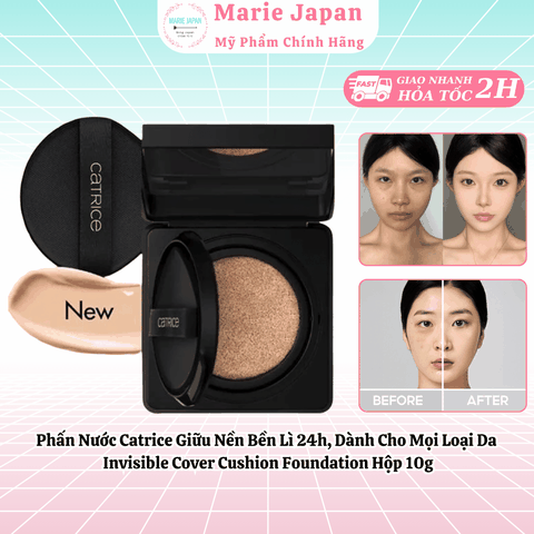 Phấn Nước Catrice Giữu Nền Bền Lì 24h, Dành Cho Mọi Loại Da Invisible Cover Cushion Foundation Hộp 10g