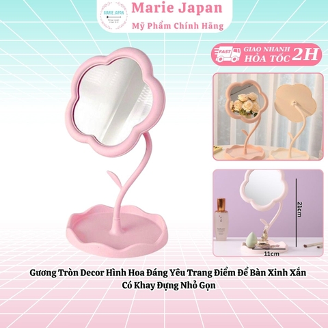 Gương Tròn Decor Hình Hoa Đáng Yêu Trang Điểm Để Bàn Xinh Xắn Có Khay Đựng Nhỏ Gọn
