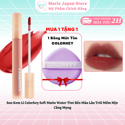 Son Kem Lì Colorkey Soft Matte Water Tint Bền Màu Lâu Trôi Siêu Mịn Môi - TẶNG 1 BÔNG MÚT TÍM