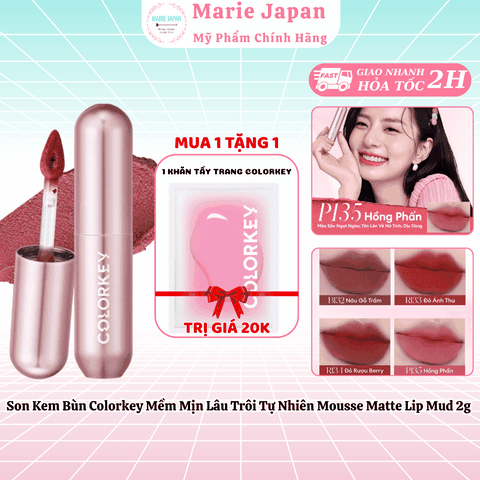 [MUA 1 TẶNG 1] Son Kem Bùn Colorkey Mềm Mịn Lâu Trôi Tự Nhiên Mousse Matte Lip Mud 2g- TẶNG 1 KHĂN TẨY TRANG COLORKEY