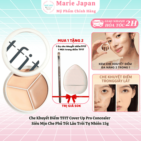 [MUA 1 TẶNG 2] Che Khuyết Điểm TFIT Cover Up Pro Concealer Siêu Mịn Che Phủ Tốt Lâu Trôi Tự Nhiên Hàn Quốc Hộp 15g-TẶNG 1 CỌ CHE KHUYẾT ĐIỂM + 1 MÚT TRANG ĐIỂM