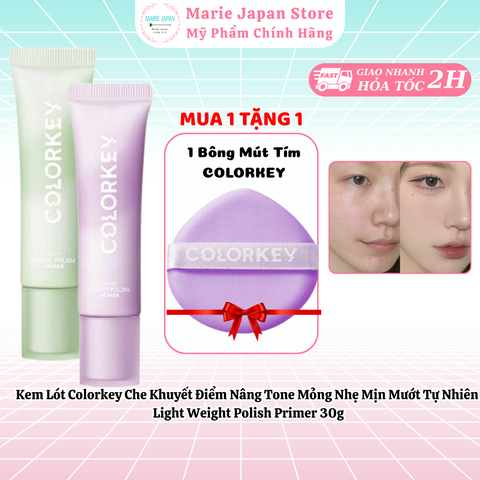 Kem Lót Colorkey Hiệu Chỉnh Màu Nâng Tone Da Mỏng Nhẹ Tự Nhiên Light Weight Polish Primer 30g - TẶNG 1 BÔNG MÚT TÍM
