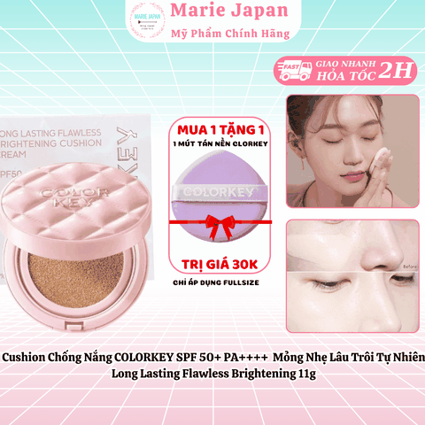 [MUA 1 TẶNG 1] Cushion Chống Nắng COLORKEY SPF 50+ PA++++  Mỏng Nhẹ Lâu Trôi Tự Nhiên Long Lasting Flawless Brightening 11g - TẶNG 1 MÚT TÁN NỀN TÍM