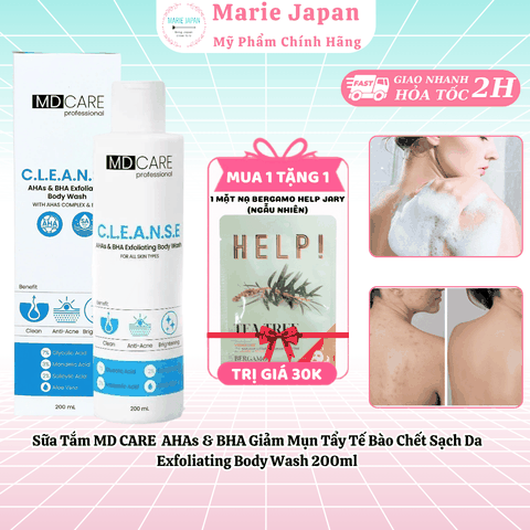 [MUA 1 TẶNG 1] Sữa Tắm MD CARE AHAs & BHA Giảm Mụn Tẩy Tế Bào Chết Sạch Da Exfoliating Body Wash 200ml-TẶNG 1 MẶT NẠ BERGAMO HELP JARY