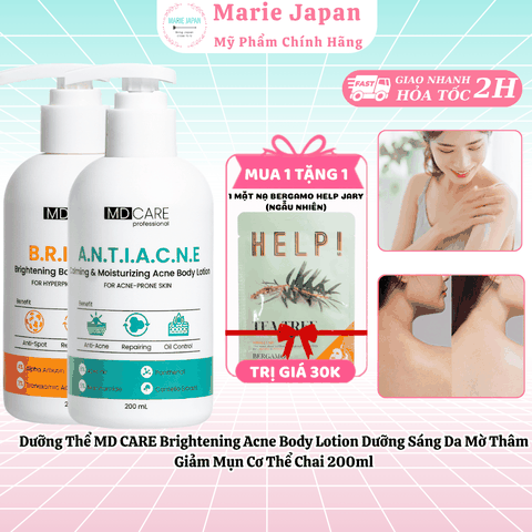 [MUA 1 TẶNG 1]Dưỡng Thể MD CARE Brightening Acne Body Lotion Dưỡng Sáng Da Mờ Thâm Giảm Mụn Cơ Thể Chai 200ml-TẶNG 1 MẶT NẠ BERGAMO HELP JARY