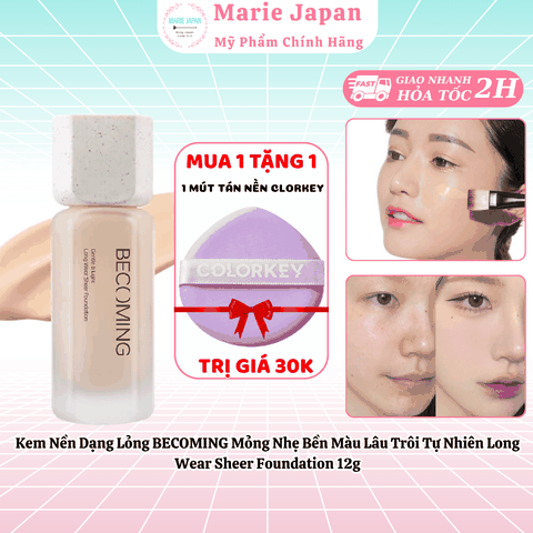 [MUA 1 TẶNG 1] Kem Nền Dạng Lỏng BECOMING Mỏng Nhẹ Bền Màu Lâu Trôi Tự Nhiên Long Wear Sheer Foundation 12g - TẶNG 1 MÚT TÁN NỀN TÍM