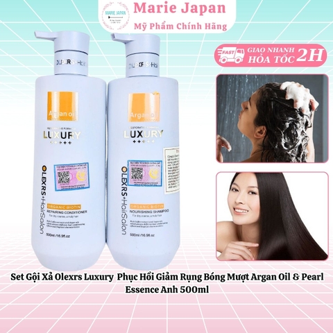 Set Gội Xả Olexrs Luxury  Phục Hồi Giảm Rụng Bóng Mượt Argan Oil & Pearl Essence Anh 500ml