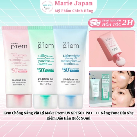 Kem Chống Nắng Vật Lý Make Prem UV SPF50+ PA++++ Nâng Tone Dịu Nhẹ Kiềm Dầu Hàn Quốc 50ml