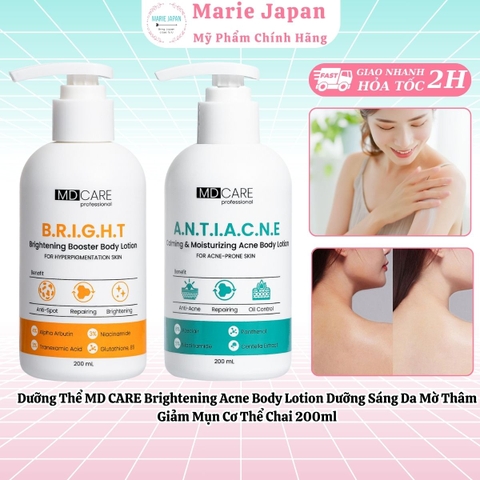 Dưỡng Thể MD CARE Brightening Acne Body Lotion Dưỡng Sáng Da Mờ Thâm Giảm Mụn Cơ Thể Chai 200ml
