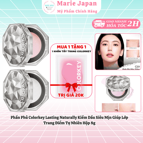 [MUA 1 TẶNG 1] Phấn Phủ Colorkey Lasting Naturally Kiềm Dầu Siêu Mịn Giúp Lớp Trang Điểm Tự Nhiên Hộp 8g - TẶNG 1 KHĂN TẨY TRANG COLORKEY