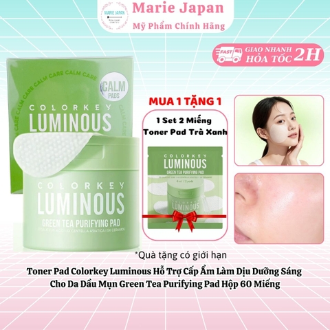Toner Pad Colorkey Luminous Hỗ Trợ Cấp Ẩm Làm Dịu Dưỡng Sáng  Cho Da Dầu Mụn Green Tea Purifying Pad Hộp 60 Miếng-TẶNG 1 SAMPLE TONER PAD