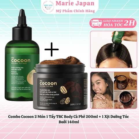 Combo Cocoon 2 Món 1 Tẩy Tế Bào Chết Body Cà Phê Mịn Da 200ml + 1 Xịt Dưỡng Tóc Vỏ Bưởi Giảm Gãy Rụng 140ml 