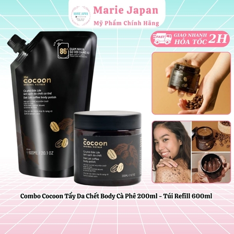 Combo Cocoon Tẩy Tế Bào Chết Body Cà Phê 200ml - Túi Refill 600ml