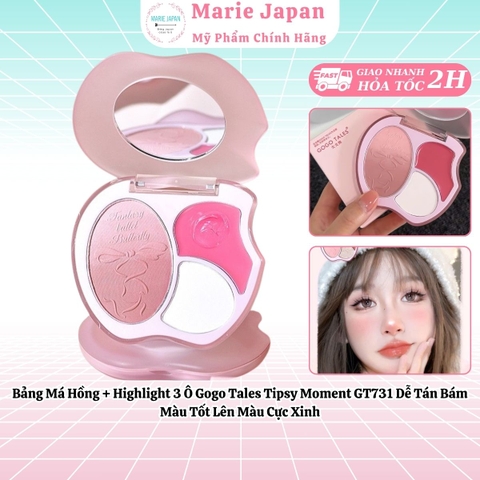 Bảng Má Hồng + Highlight 3 Ô Gogo Tales Tipsy Moment GT731 Dễ Tán Bám Màu Tốt Lên Màu Cực Xinh