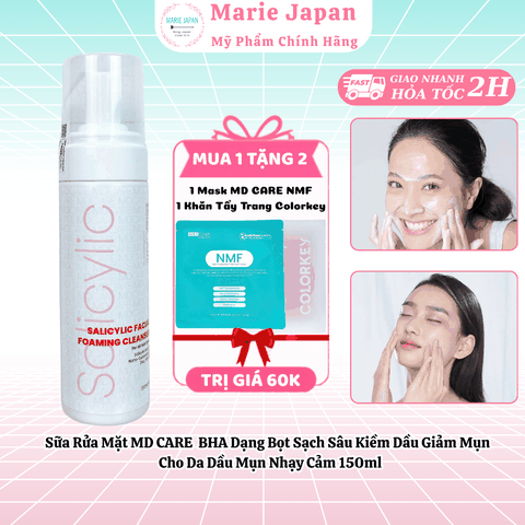[MUA 1 TẶNG 2] Sữa Rửa Mặt MD CARE  BHA Dạng Bọt Sạch Sâu Kiềm Dầu Giảm Mụn Cho Da Dầu Mụn Nhạy Cảm 150ml-TẶNG 1 MASK MNF+1 KHĂN TẨY TRANG COLORKEY