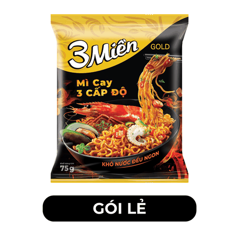 UNIBEN - Mì 3 Miền Gold hương vị Mì Cay 3 Cấp Độ - Mì 3 Miền Gold Cay 3 Cấp Độ ăn liền - 75g/gói  - 00355