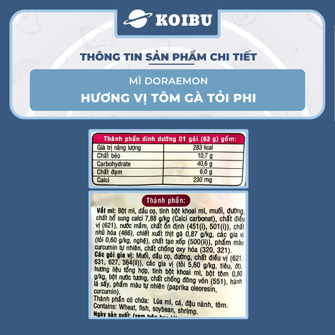ACECOOK - Mì Doraemon hương vị Tôm gà tỏi phi, Mì ăn liền trẻ em, Mì Doremon bổ sung canxi, Mì gói Doraemon (63/gói) - 63g/gói - 00070