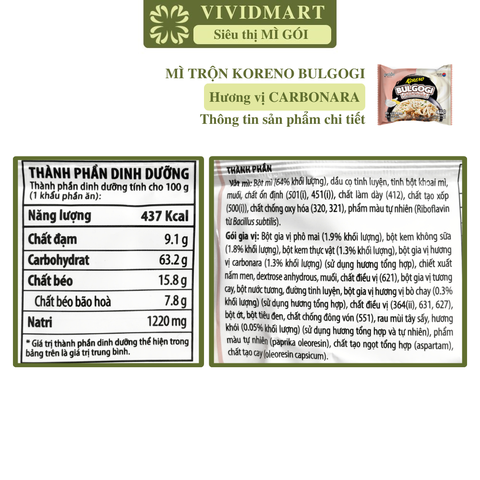 PALDO - Mì xào Koreno Bulgogi hương vị Carbonara, Mì trộn Koreno Bulgogi, Mì Koreno xốt kem Hàn Quốc - 100g/gói - 00608