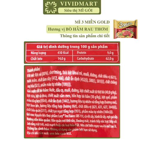 UNIBEN - Mì 3 Miền Gold hương vị Bò Hầm Rau Thơm - Mì Bò Hầm Rau Thơm 3 Miền Gold - 75g/gói - 00353