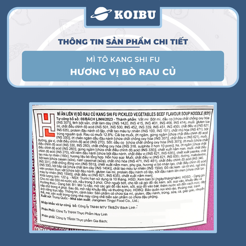 KANG SHI FU - Mì tô Kang Shi Fu hương vị Bò rau củ, Mì Kang Shi Fu ăn liền, Mì ăn liền Trung Hoa - 122g/tô - 00589