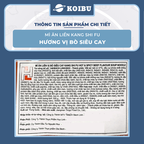 KANG SHI FU - Mì Kang Shi Fu hương vị Bò siêu cay, Mì Kang Shi Fu ăn liền, Mì ăn liền Trung Hoa - 104g/gói - 00748