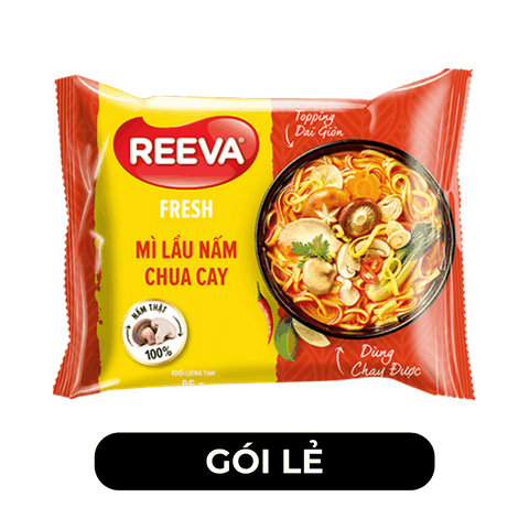 UNIBEN - Mì chay Reeva Fresh hương vị Lẩu nấm chua cay (có gói nấm thật), Mì chay Reeva ăn liền - 85g/gói - 00350