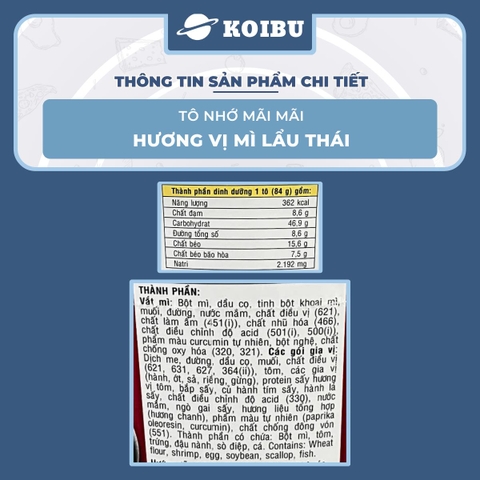 ACECOOK - Mì Nhớ Mãi Mãi hương vị Lẩu thái tôm, Tô Nhớ Mãi Mãi mì lẩu thái tôm, Mì Nhớ ăn liền - 84g/tô - 00024