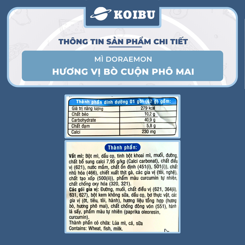 ACECOOK - Mì Doraemon hương vị bò cuộn phô mai, Mì ăn liền trẻ em, Mì Doremon bổ sung canxi, Mì gói Doraemon - 62g/gói - 00069