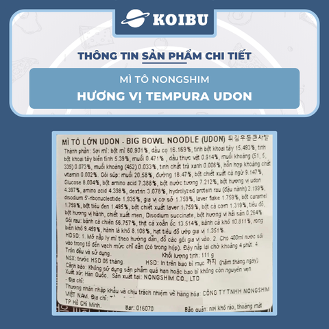 NONGSHIM - Mì tô Nongshim hương vị Tempura Udon, Mì tô Udon Tempura Nongshim, Mì Nongshim Hàn Quốc - 111g/tô - 00549